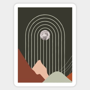 Mid-century modern artwork of moon with arches and mountains. Sun & Moon Artwork With mountains. Boho art of moon at night and terracotta mountains. Sticker